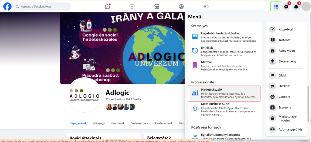 Facebook hirdetéskezelő megnyitása